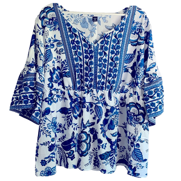 SHEIN Tops - Floral Blue and White Women's Top